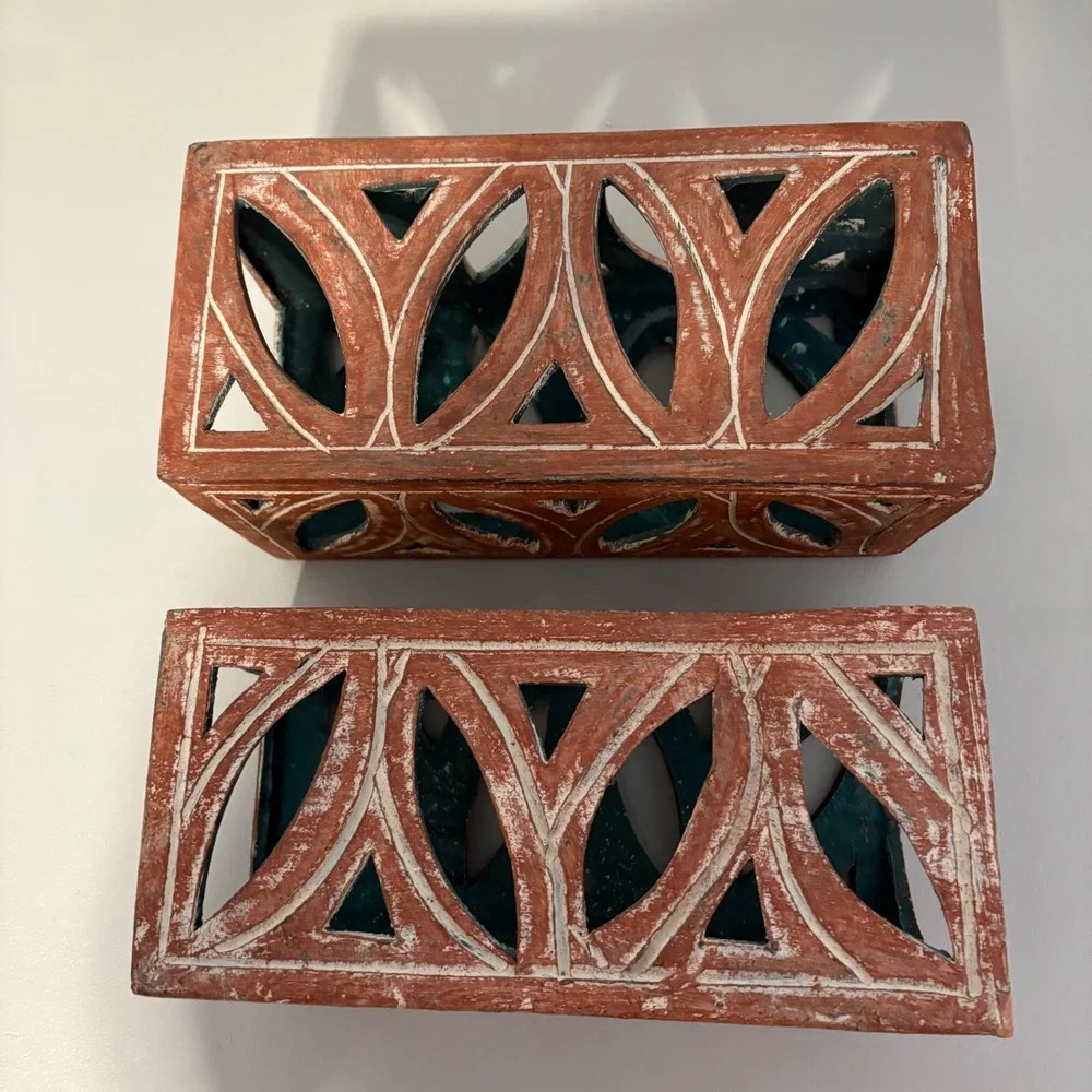 Terracotta Geometric‎ Lattice Candle Lanterns Pair Rustic Teal Interior 10.5in